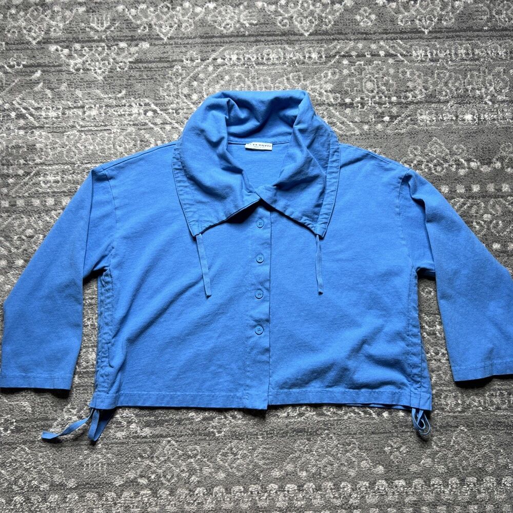 Bryn Walker Crop Cotton Jacket Womens Medium Blue Button Up Cinch Side Collar